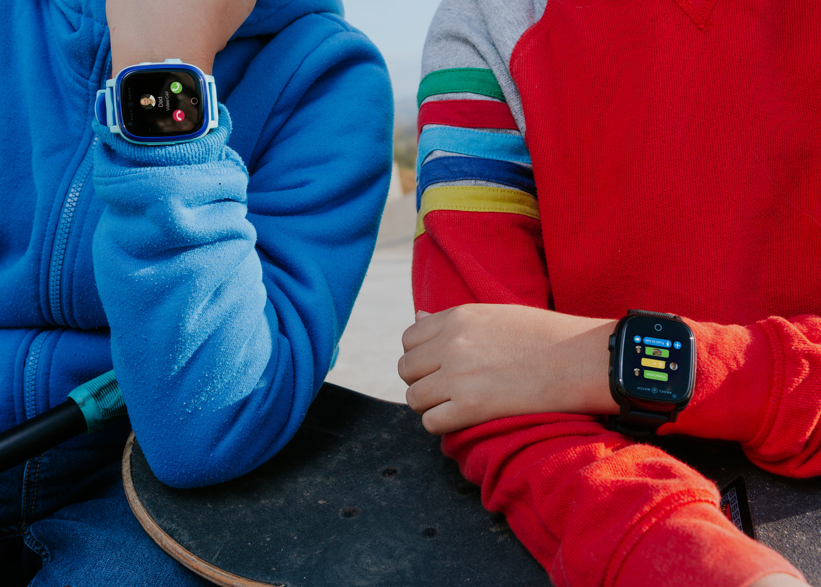 Child wearing an Angel Watch while skateboarding at a skate park